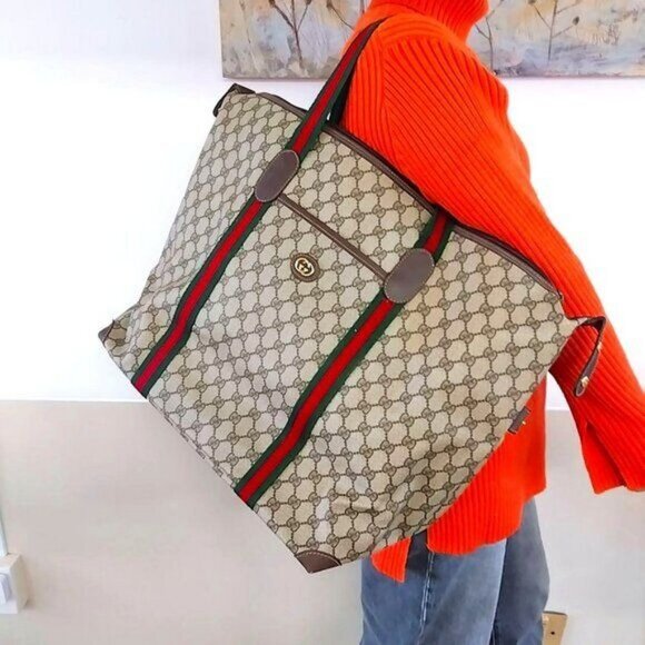 Authentic Gucci XL Travel Tote Supreme Web Canvas Boston Bag Duffle Sherry Purse - Picture 1 of 11